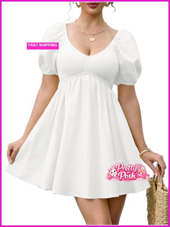 Dresses & Skirts - Women's Babydoll Dress - V Neck Puff Sleeve Empire Waist Swing Mini Sundress